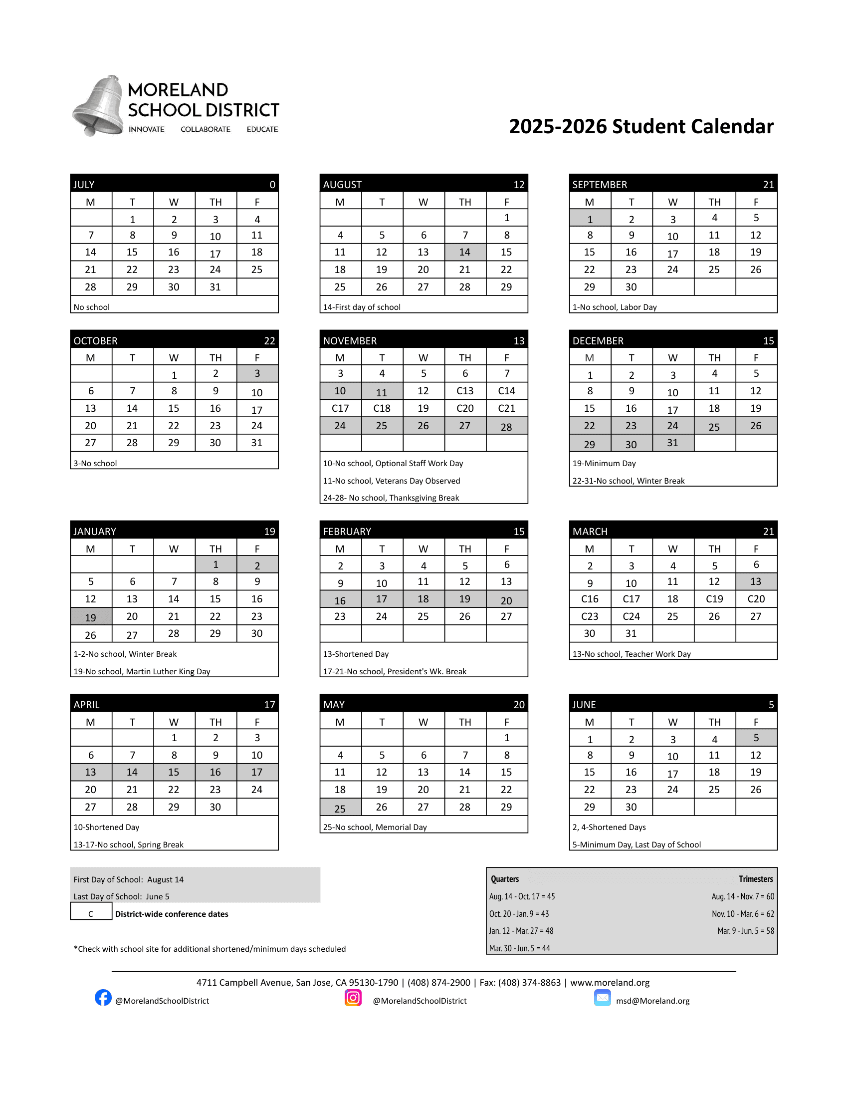 Moreland School District CA 26-27 Calendar [PDF] Logo