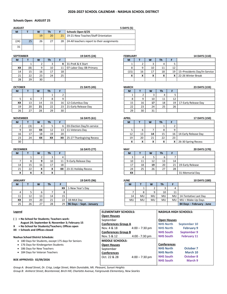 Nashua School District 26-27 Calendar