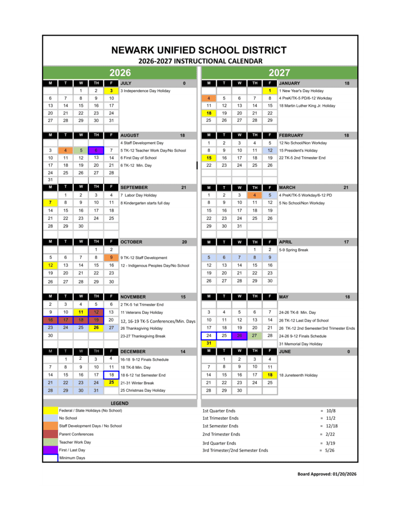 Newark Unified School District 26-27 Calender