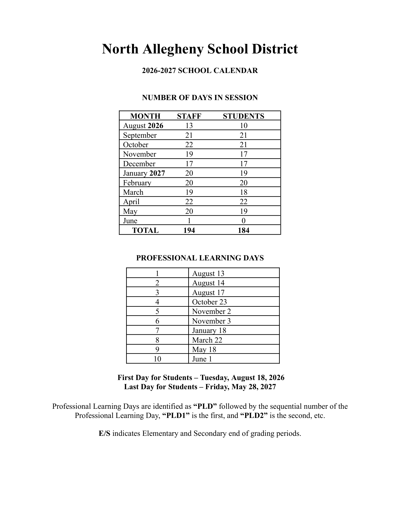 North Allegheny School District PA 26-27 Calendar Updated [PDF]