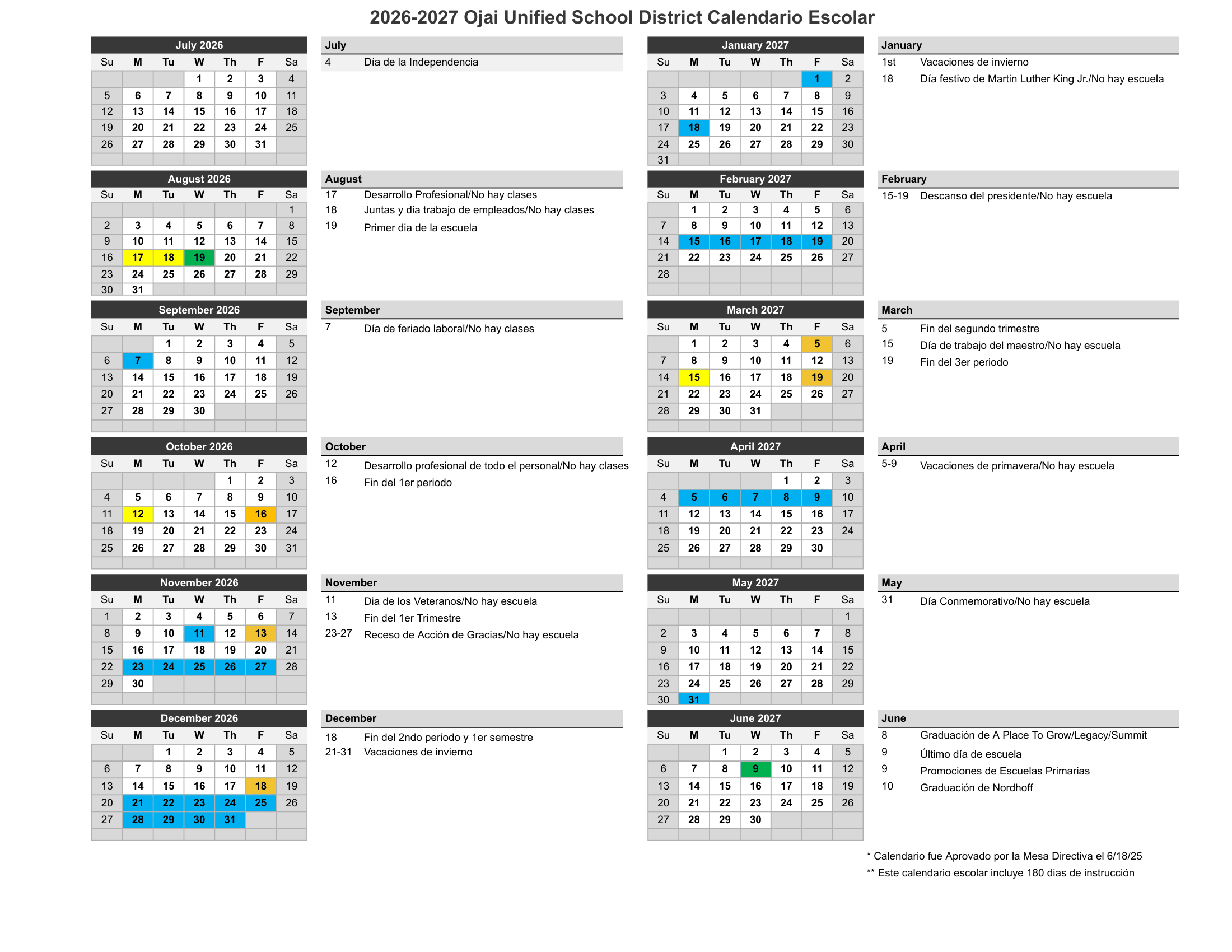 Ojai Unified School District  26-27 Calendar