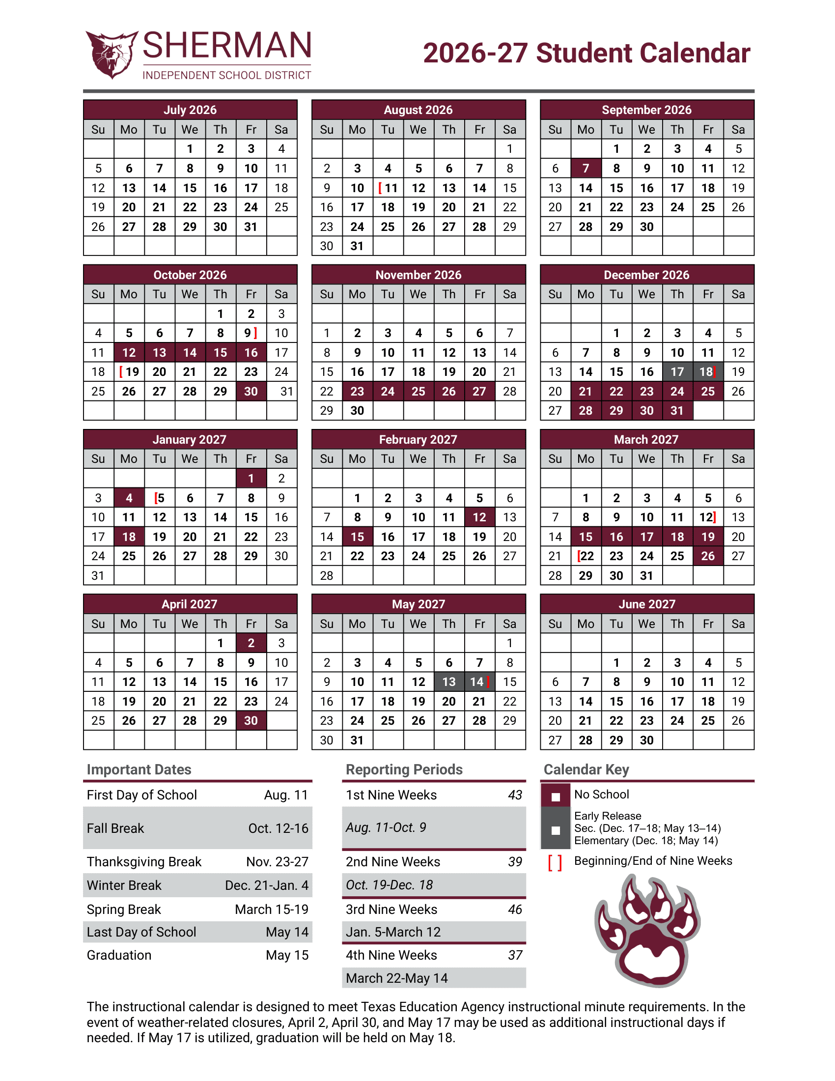 Sherman ISD 26-27 Calendar Revised [PDF]
