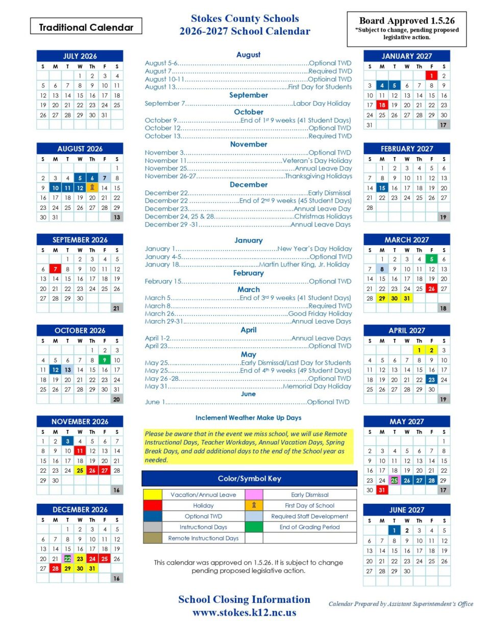 Stokes County Schools Calendar
