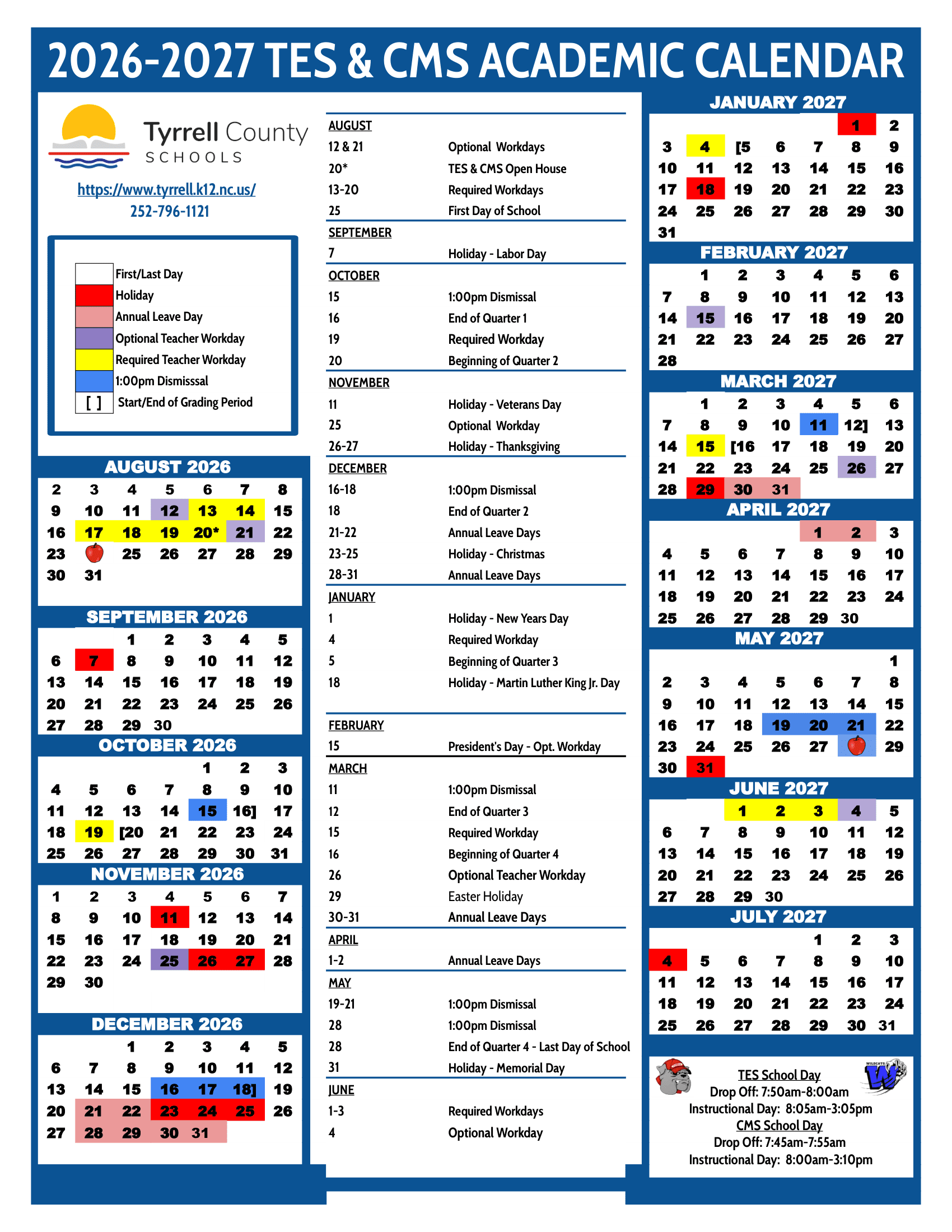 Tyrrell County Schools 26-27 Calendar [PDF] Updates