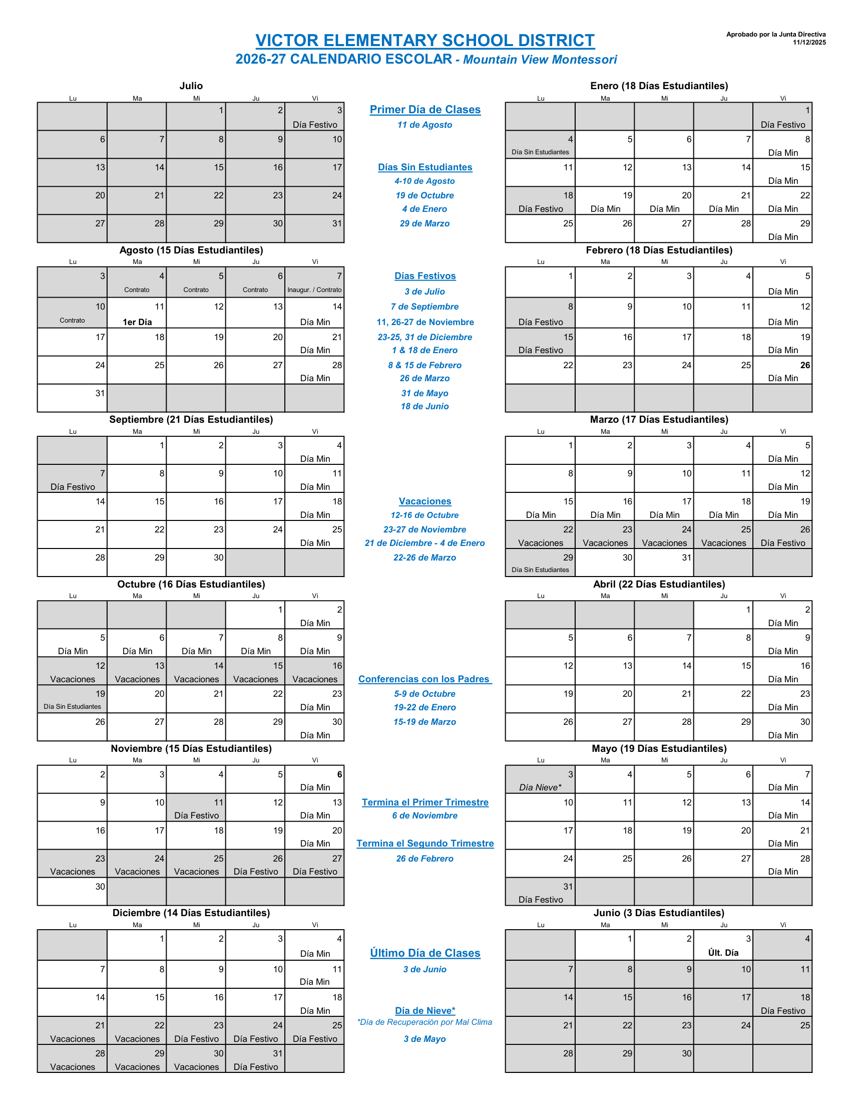 Victor Elementary School District  Calendar 26-27 Revised [PDF]