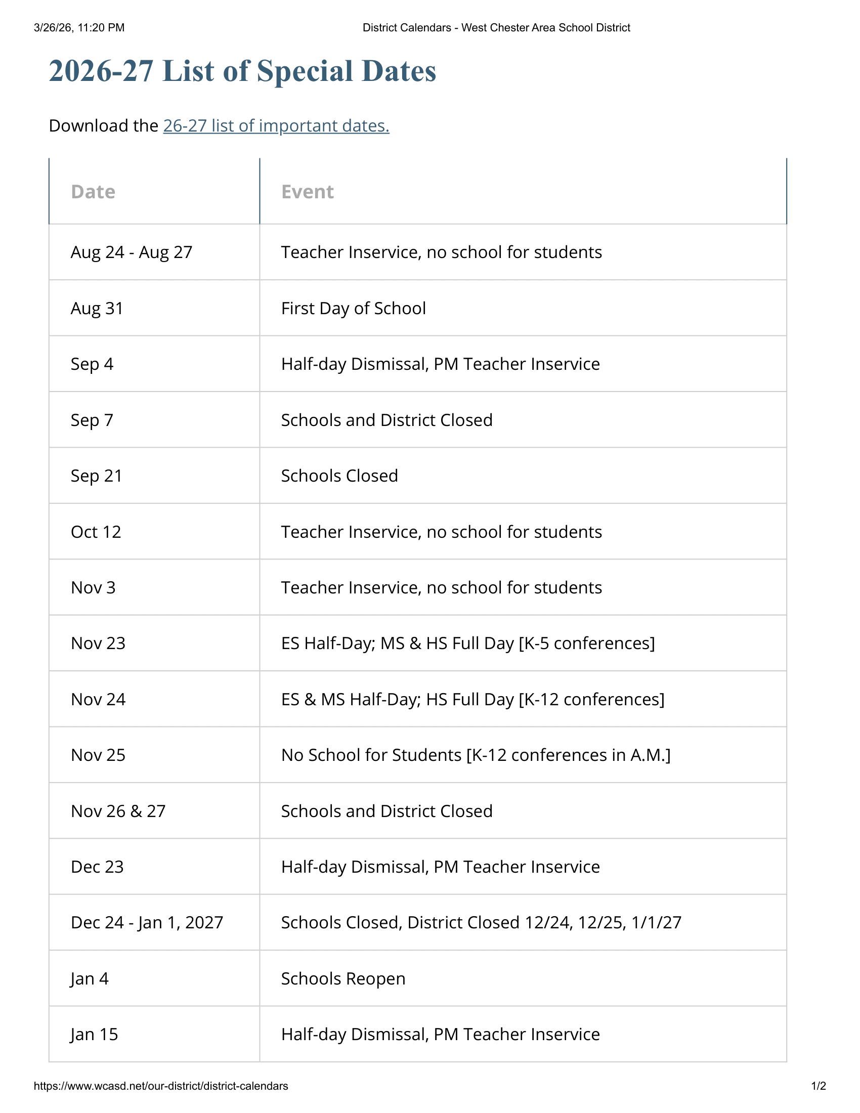 West Chester Area School District 26-27 Calendar Updated [PDF]