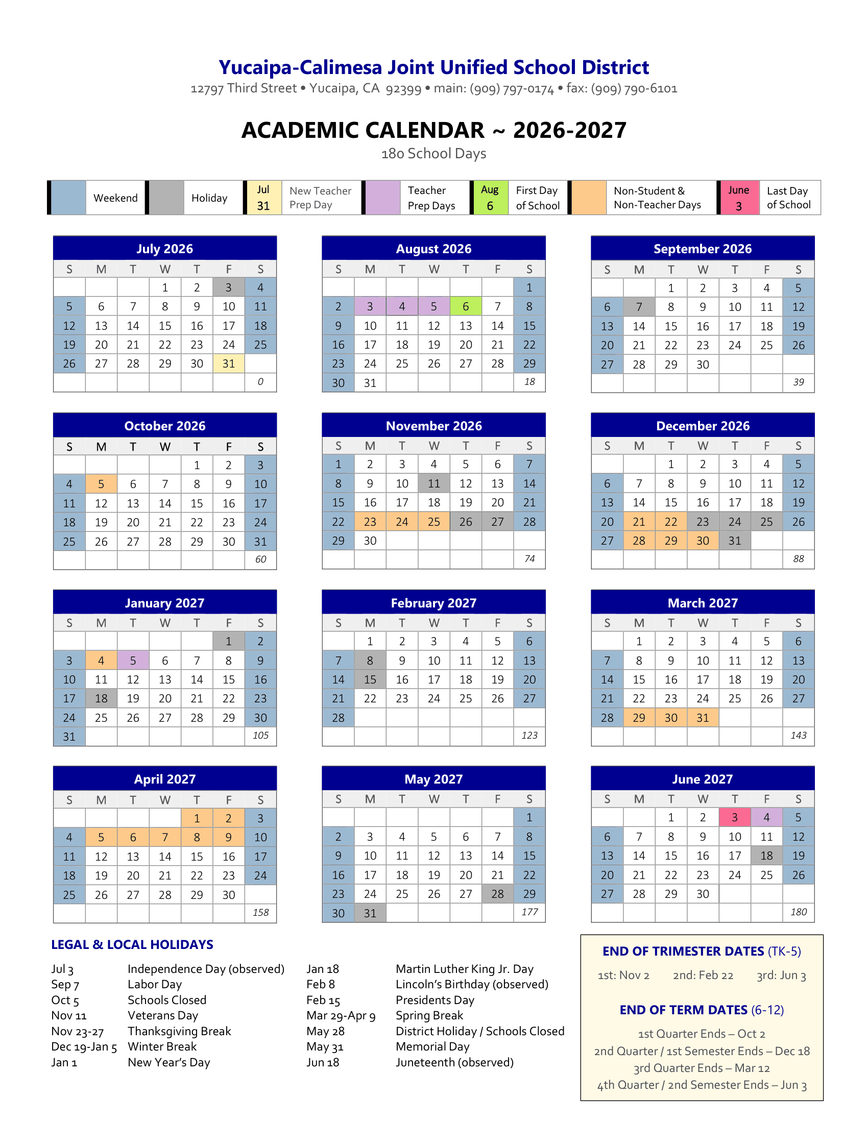 Yucaipa-Calimesa Joint YCJUSD Calendar 26-27 Revised [PDF]
