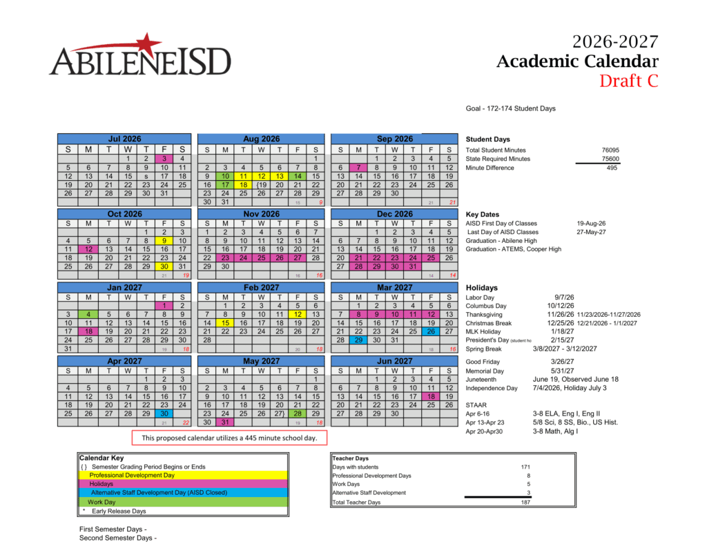 Abilene ISD 26-27 Calendar