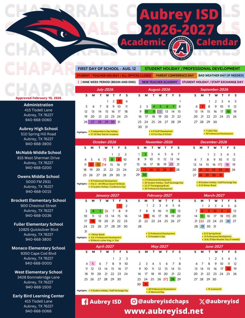Aubrey ISD 26-27 Calendar