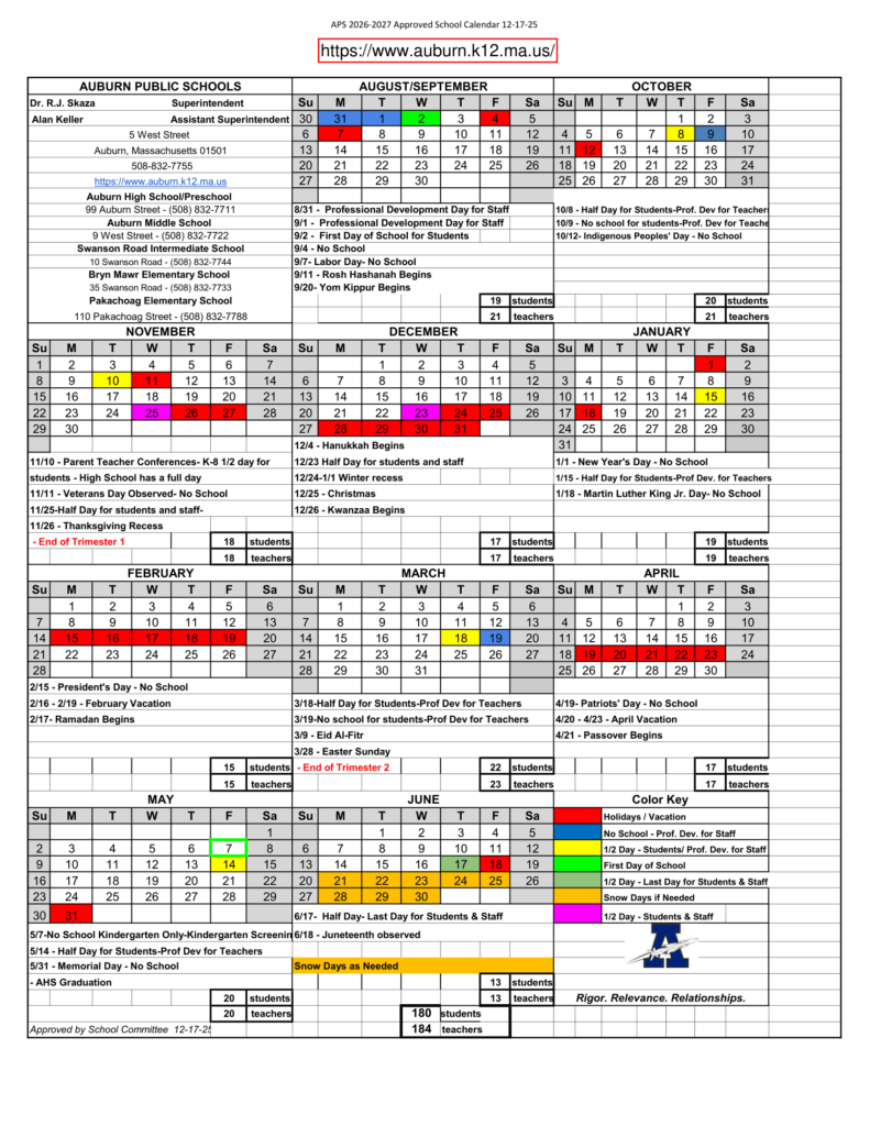 Auburn Public Schools 26-27 Calendar