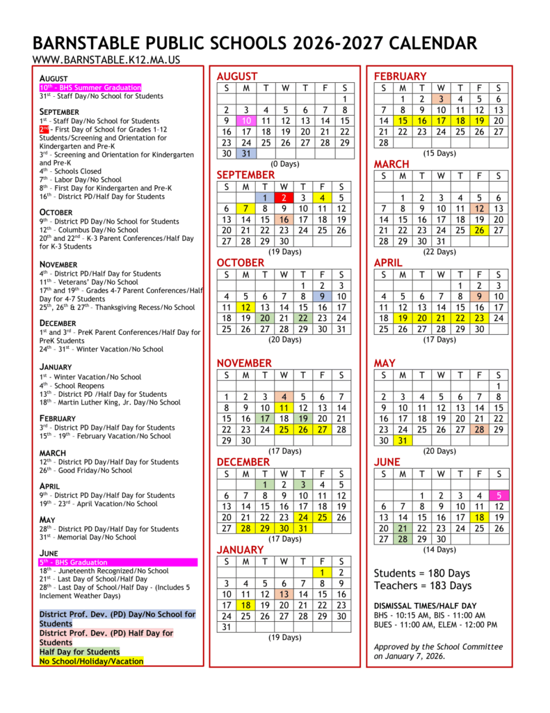 Barnstable Public Schools 26-27 Calendar