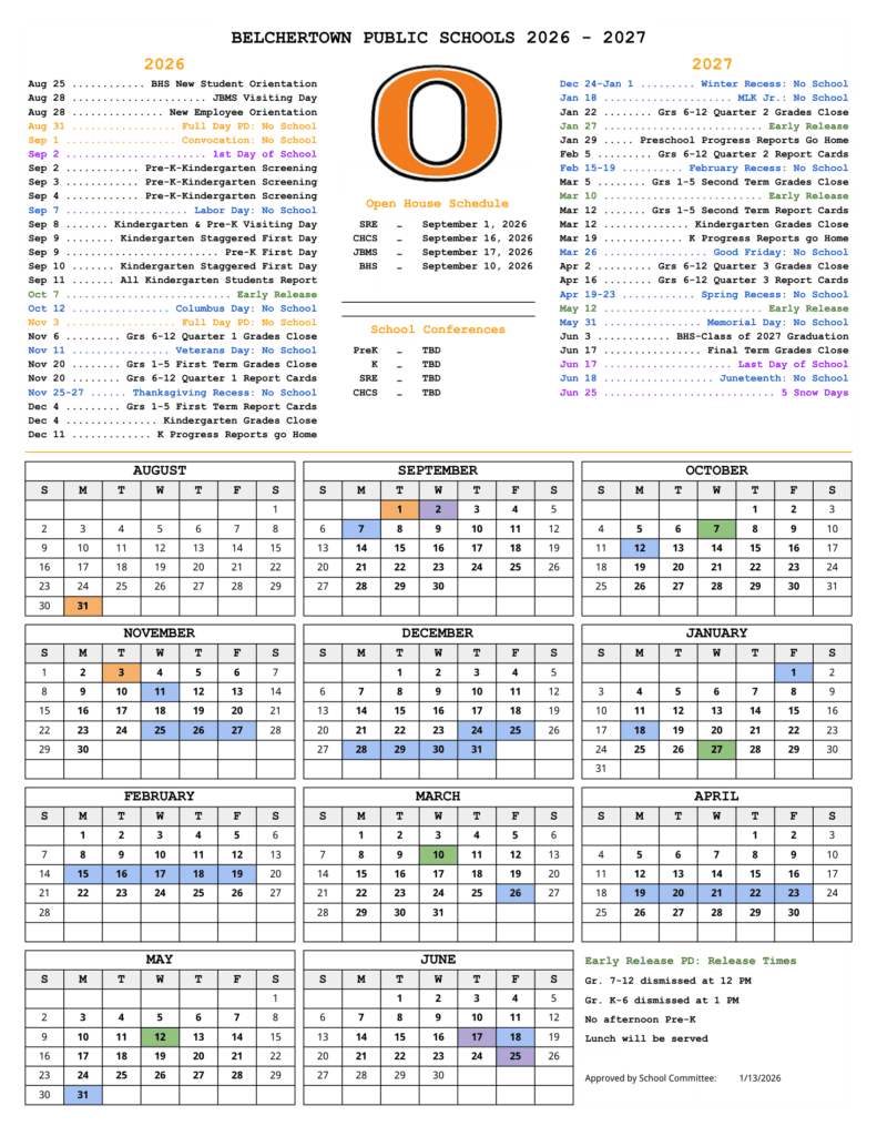 Belchertown Public Schools 26-27 Calendar