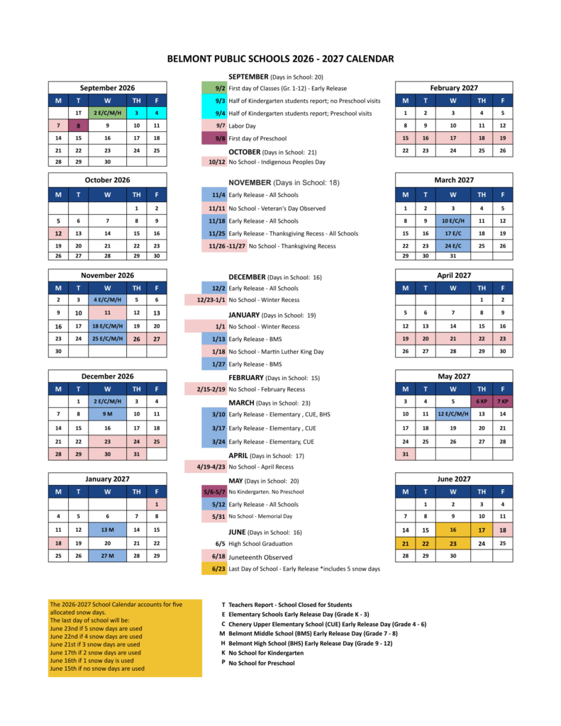 Belmont Public Schools 26-27 Calendar