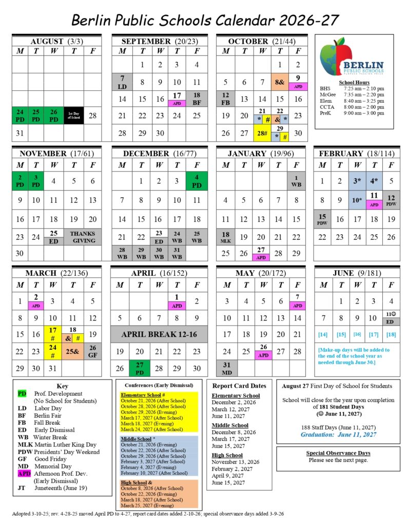 Berlin Public Schools Calendar 2026-2027....1