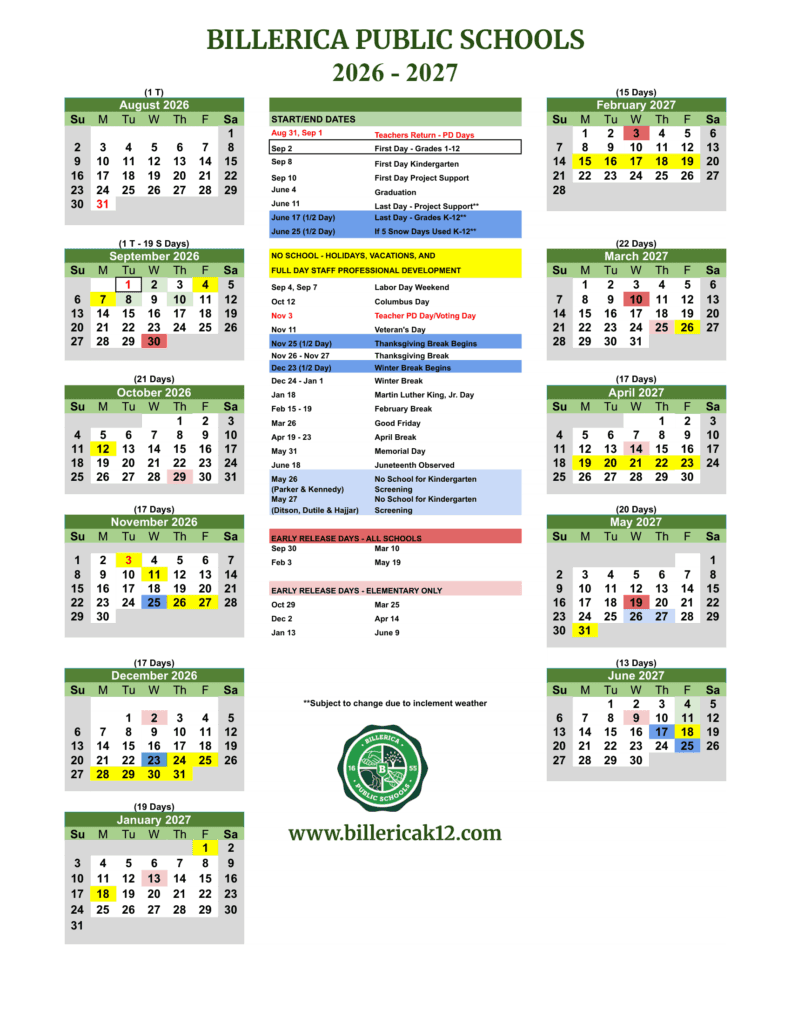 Billerica Public Schools 26-27 Calendar (1)