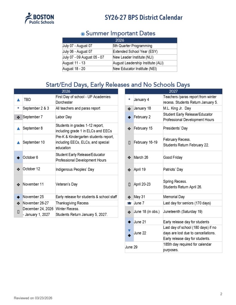 Boston Public Schools Calendar SY 2026-2027....2