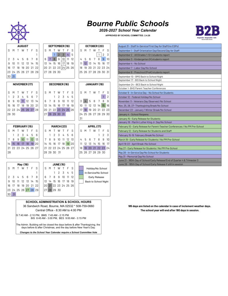 Bourne Public Schools 26-27 Calendar