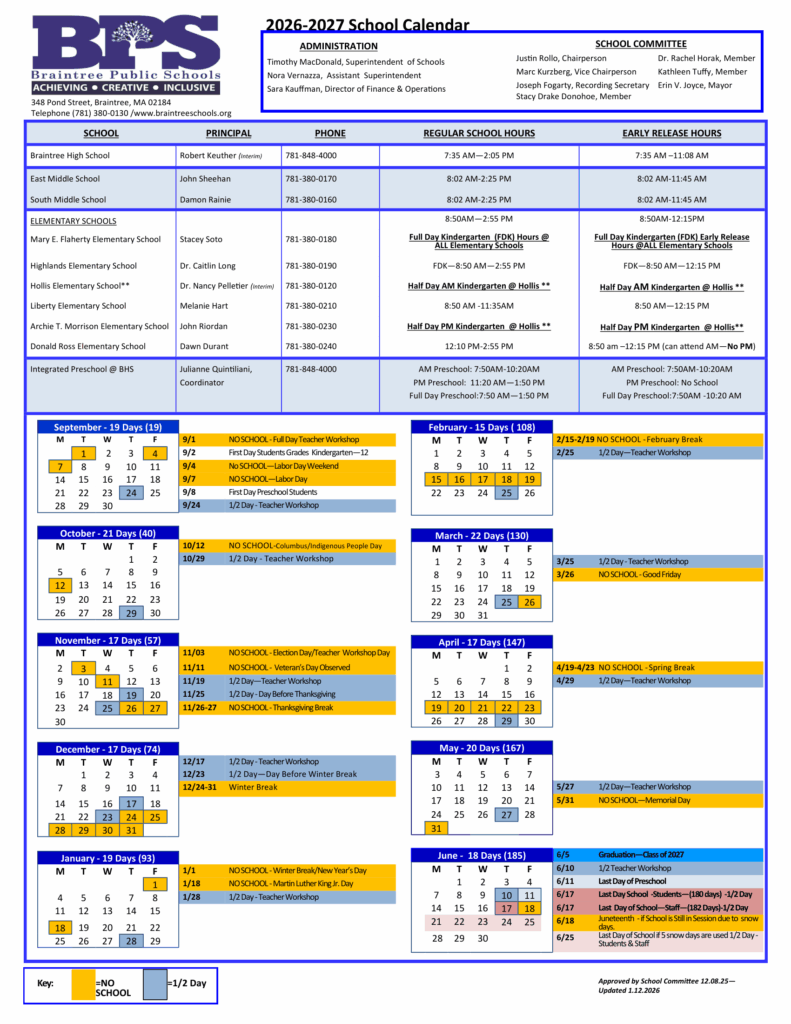 Braintree Public Schools 26-27 Calendar