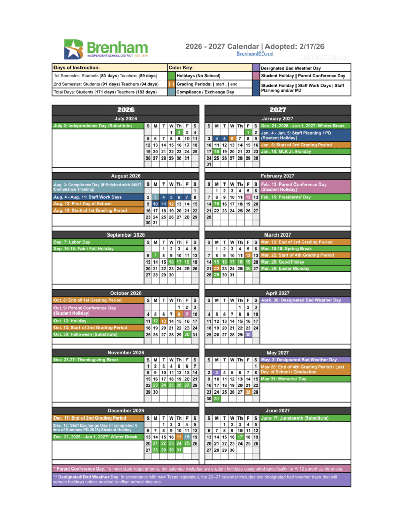 Brenham Independent School District 26-27 Calendar
