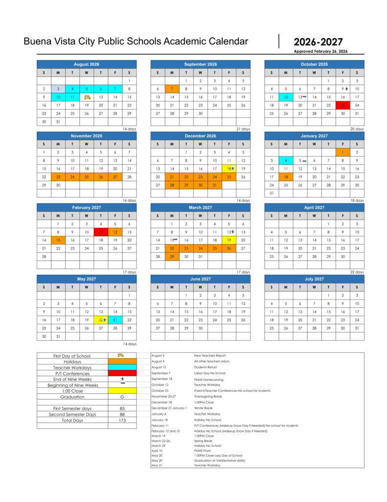 Buena Vista City Public Schools 26-27 Calendar