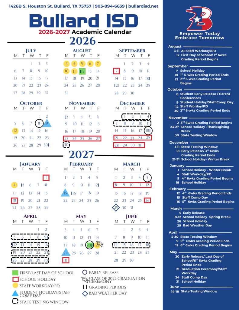 Bullard Independent School District 26-27 Calendar