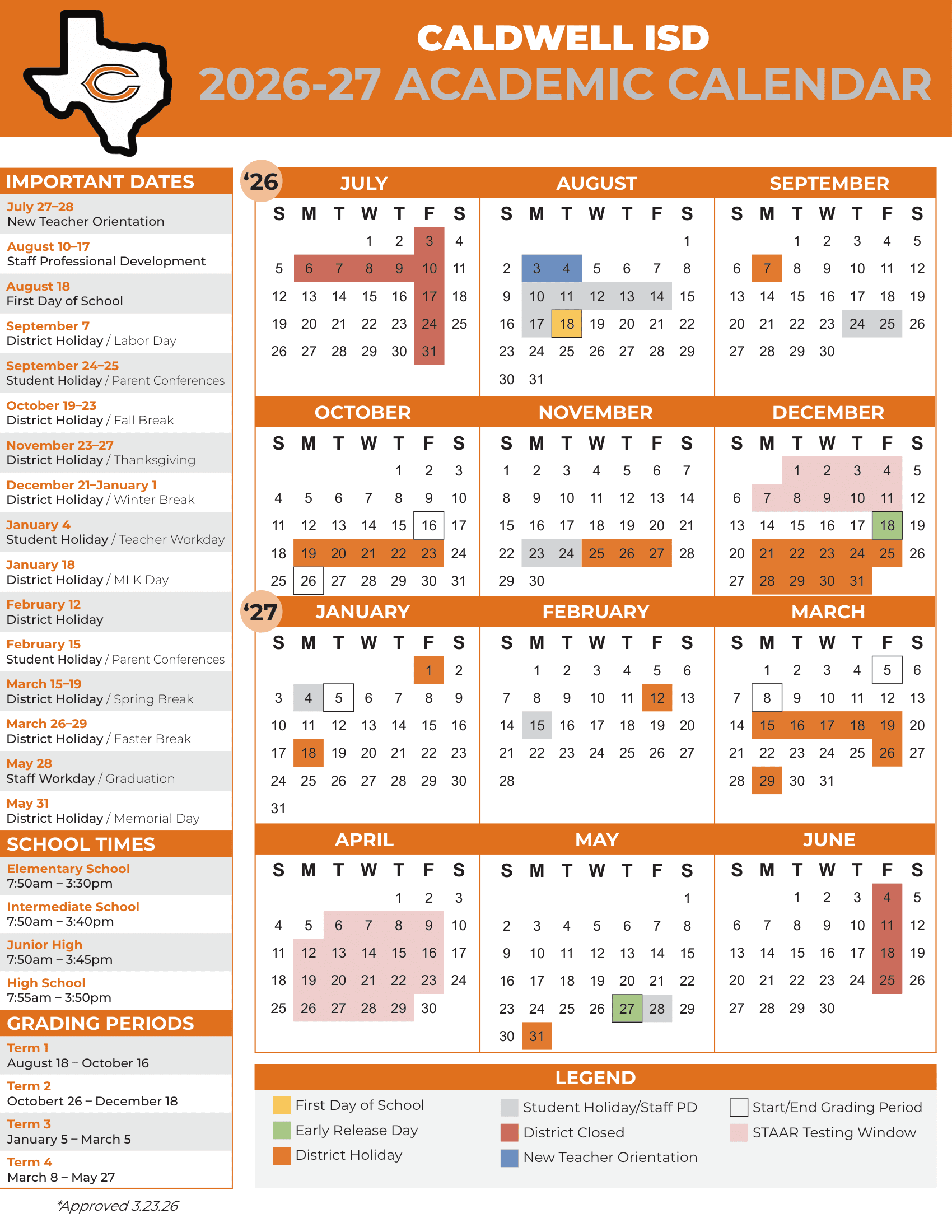 Caldwell ISD 26-27 Calendar [PDF] Logo