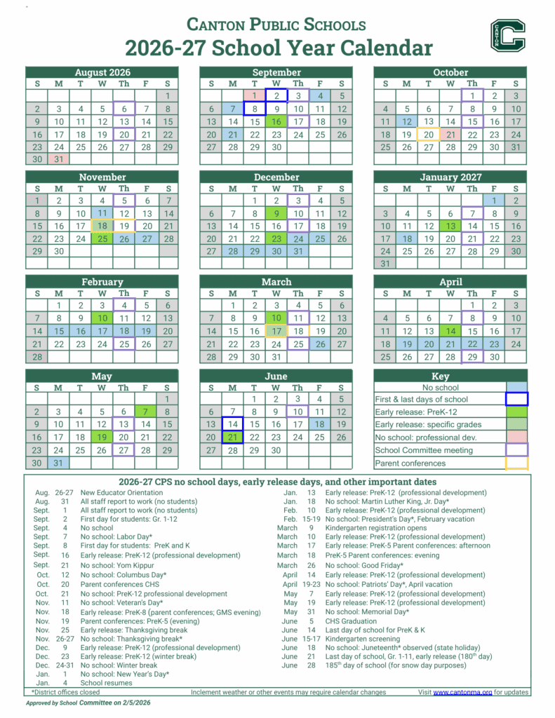 Canton Public Schools 26-27 Calendar