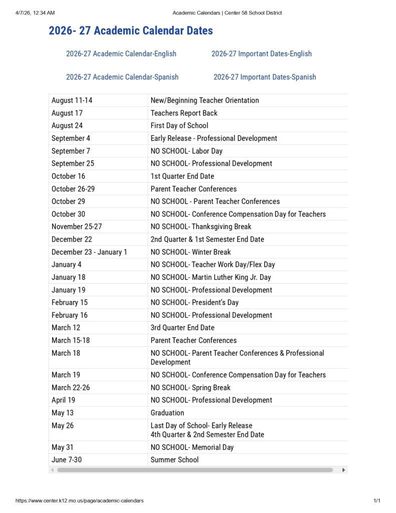 Center 58 School District 2026-27
