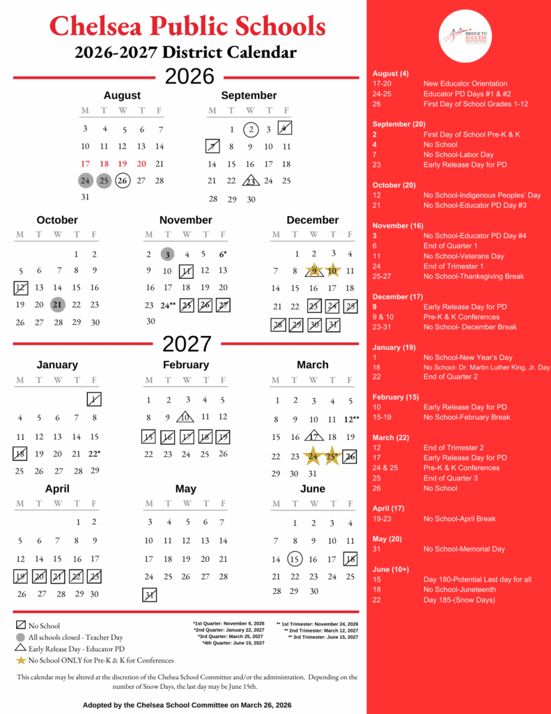 Chelsea Public Schools 26-27 Calendar