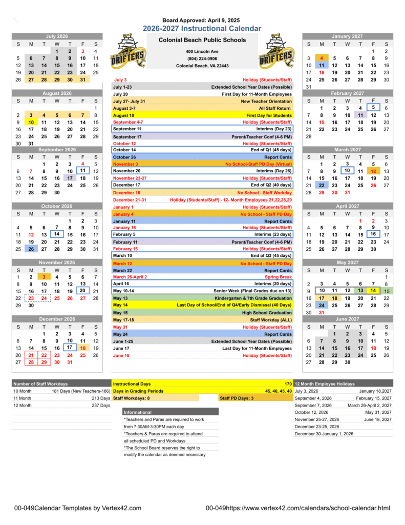Colonial Beach Public Schools 26-27 Calendar