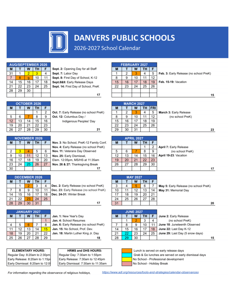 Danvers Public Schools 26-27 Calendar