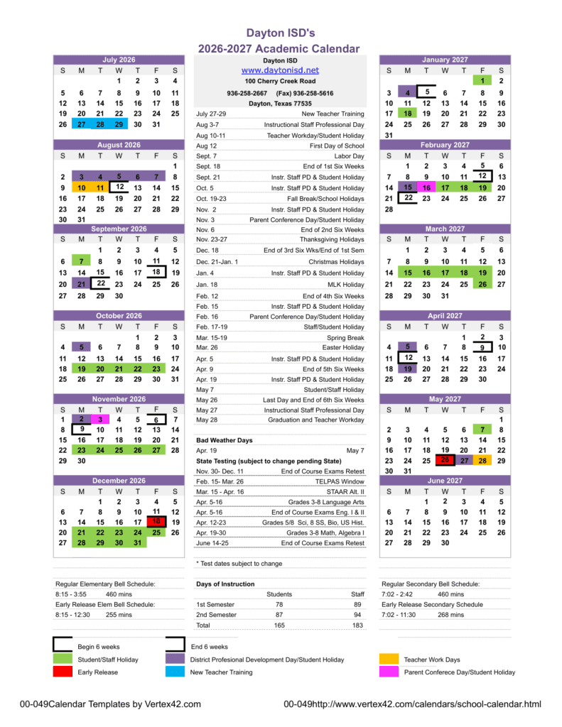 Dayton Independent School District 26-27 Calendar