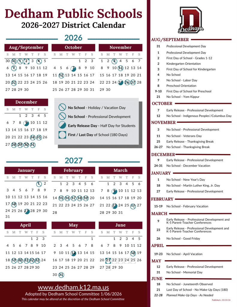 Dedham Public Schools 26-27 Calendar