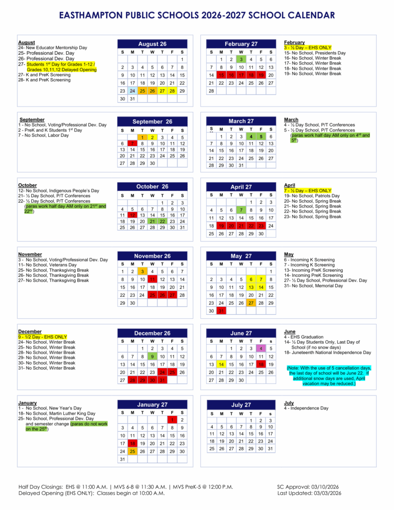 Easthampton Public Schools Calendar 26-27 Updates
