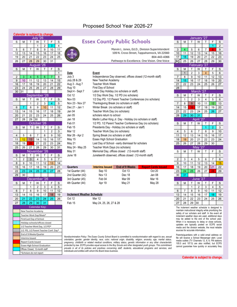 Essex County Public Schools VA Calendar 26-27 PDF
