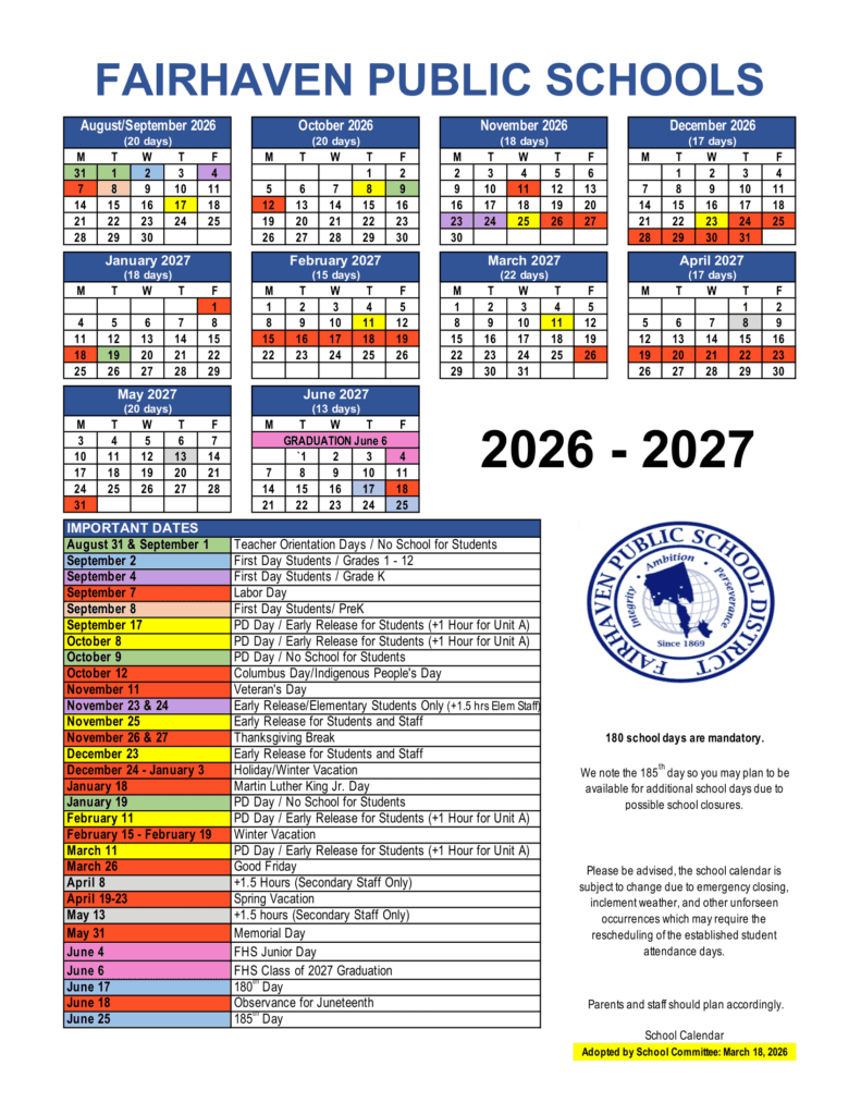 Fairhaven Public Schools 26-27 Calendar