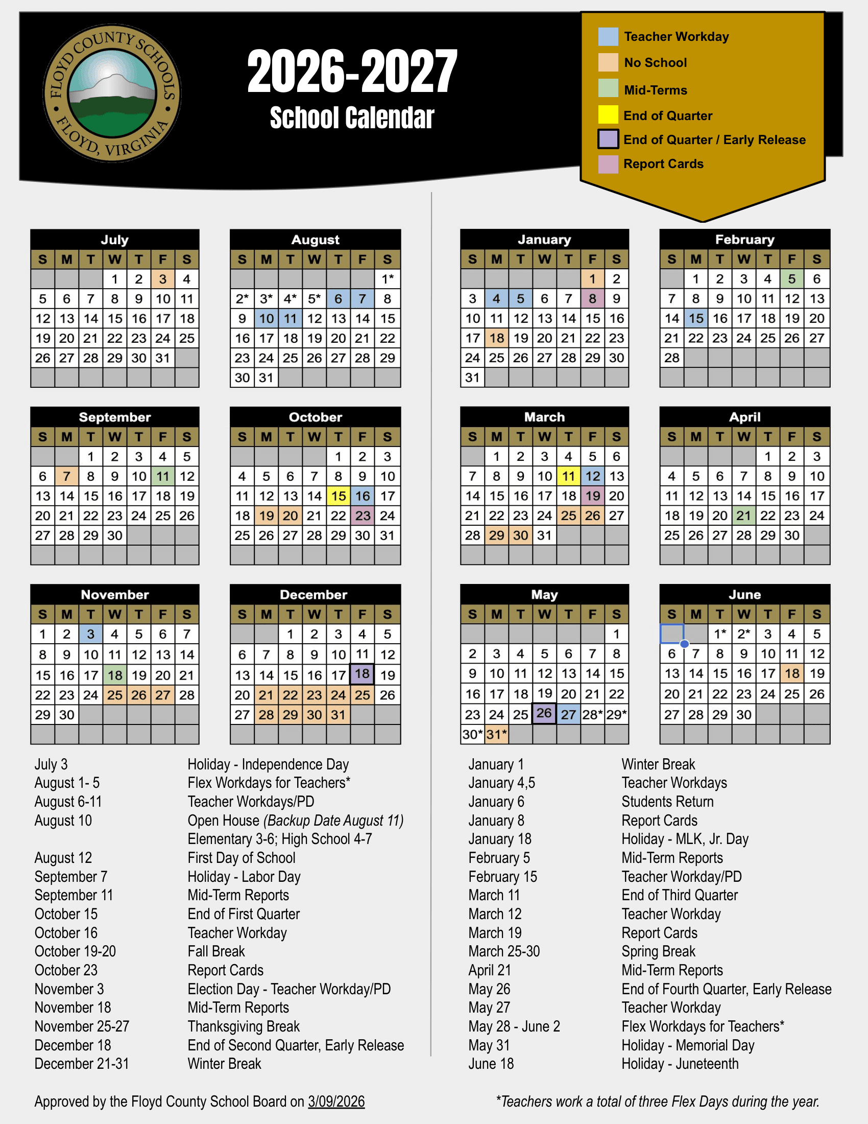 Floyd County Schools VA Calendar 26-27 PDF