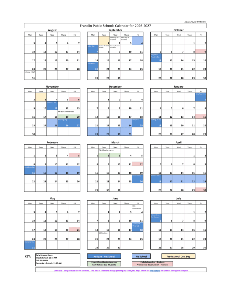 Franklin Public Schools 26-27 Calendar