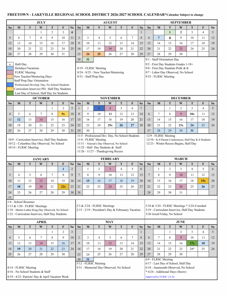 Freetown-Lakeville Regional School District 26-27 Calendar