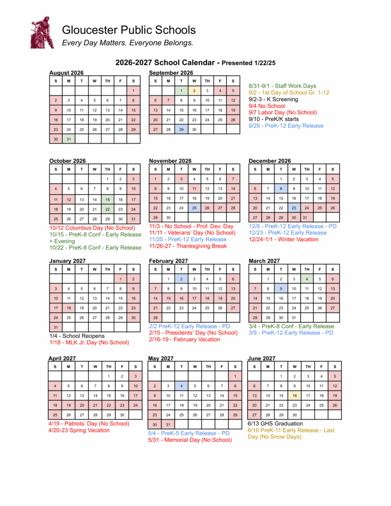Gloucester Public Schools 26-27 Calendar