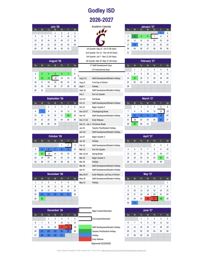 Godley ISD 26-27 Calendar