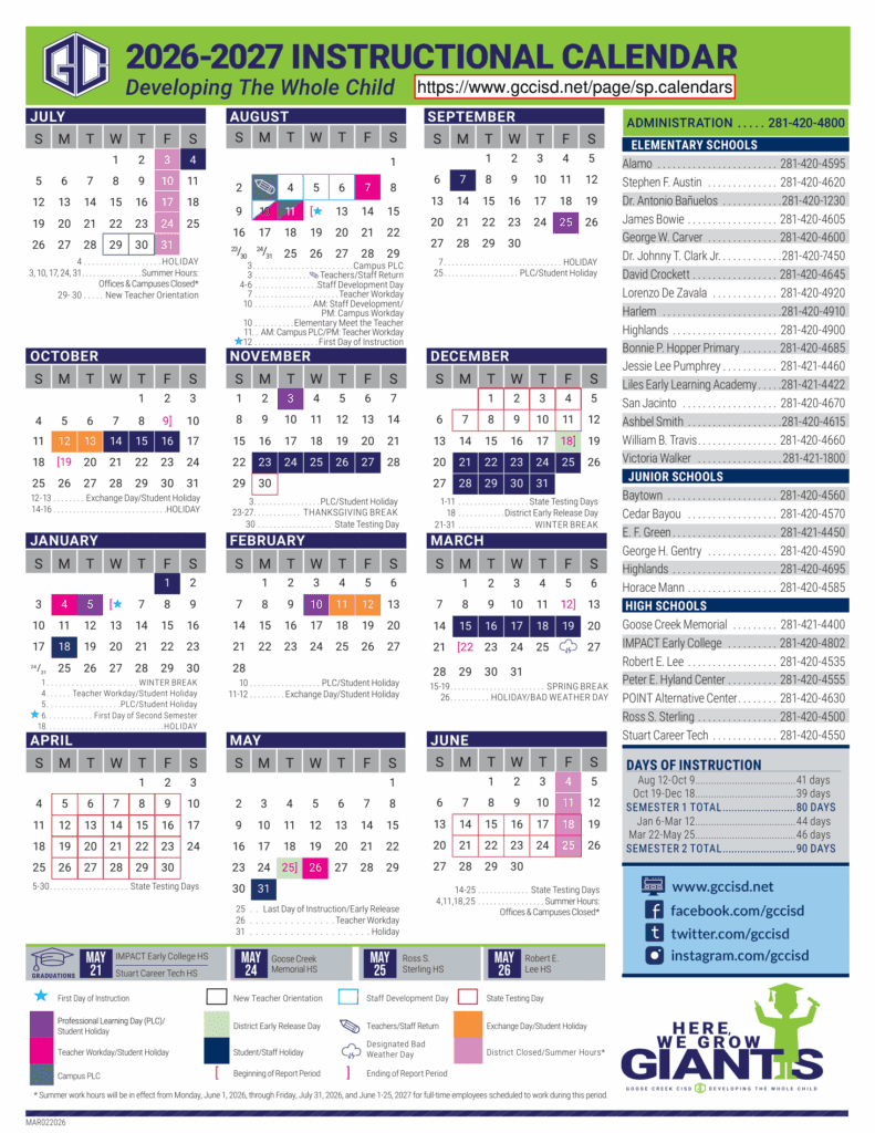 Goose Creek CISD 26-27 Calendar