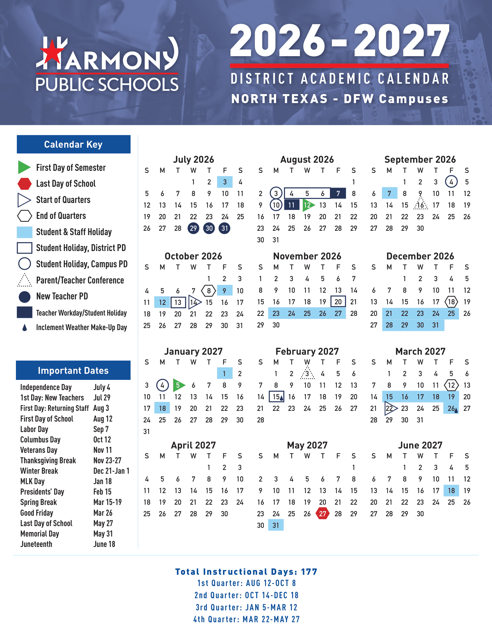 Harmony Public Schools Calendar 26-27 (All Regions)