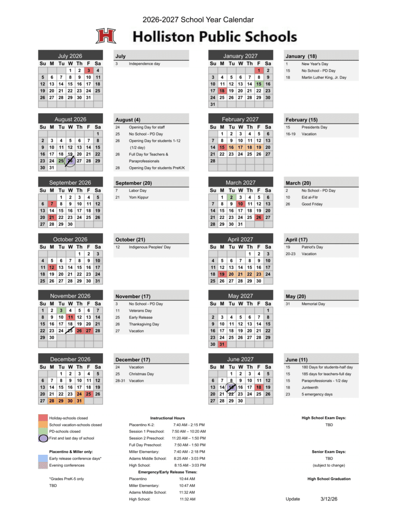 Holliston Public Schools 26-27 Calendar (1)