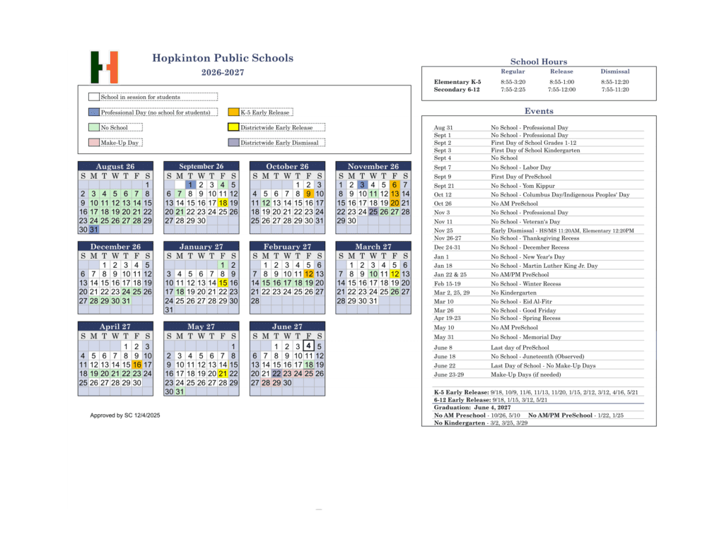 Hopkinton Public Schools 26-27 Calendar