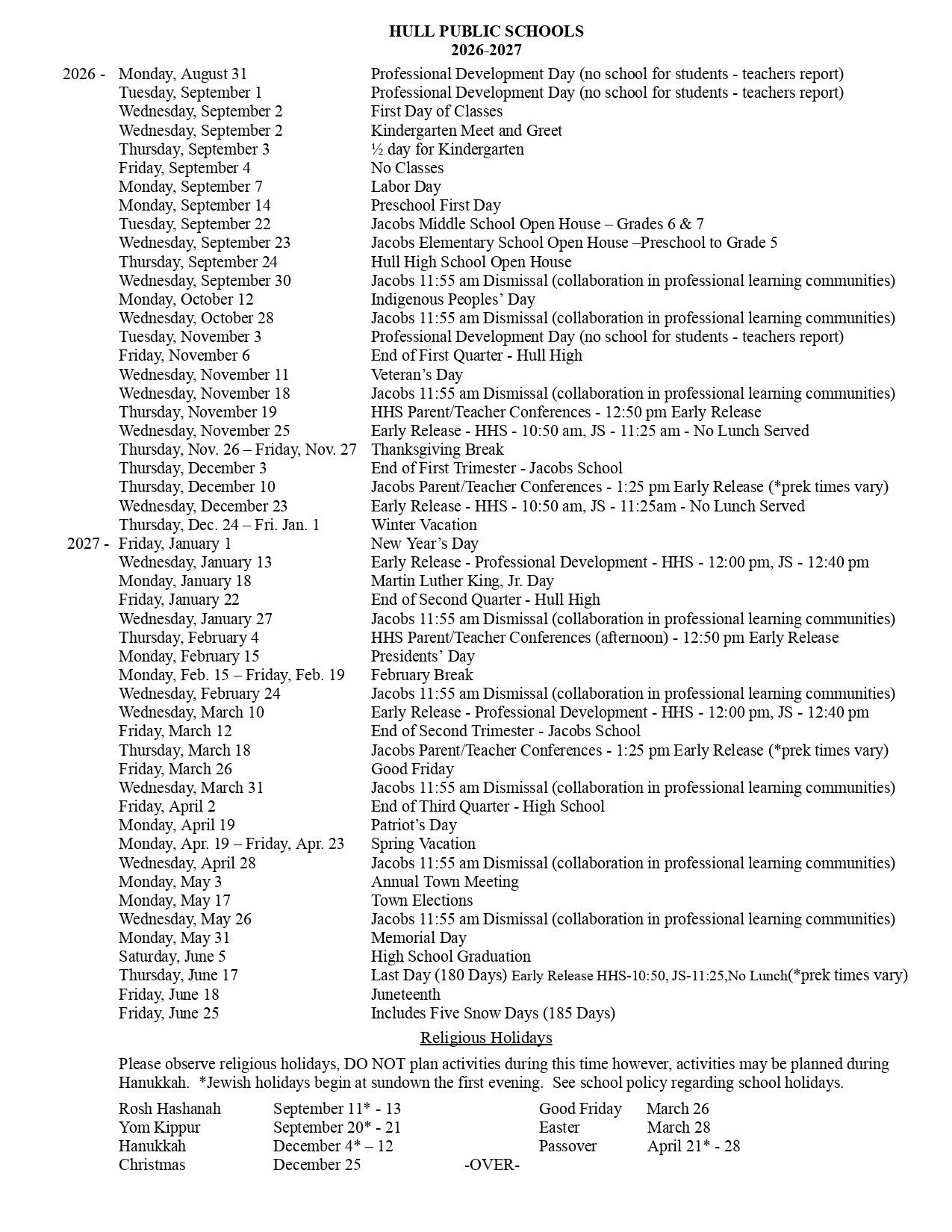 Hull Public Schools  District MA Calendar 26-27 PDF