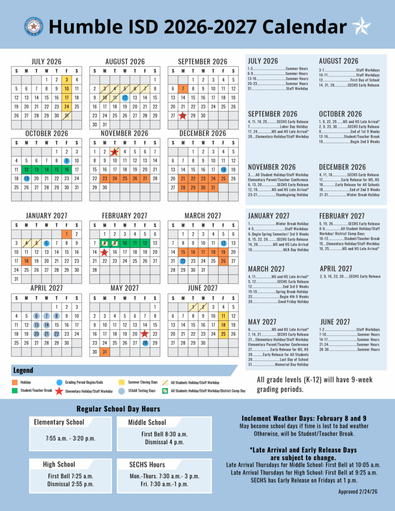Humble ISD 26-27 Calendar