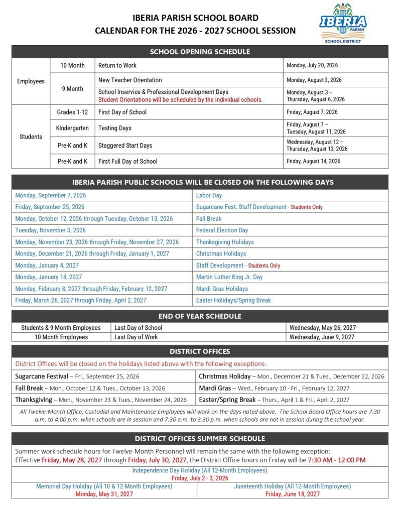 Iberia Parish School District 2026-2027