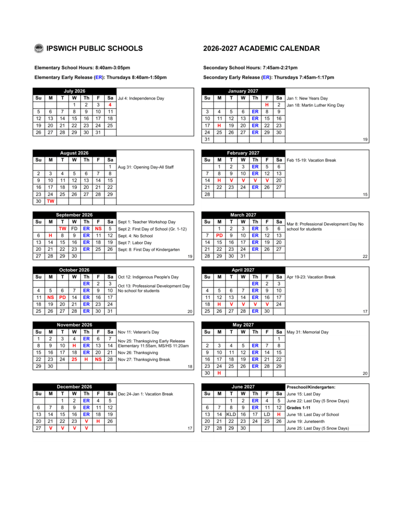 Ipswich Public Schools 26-27 Calendar