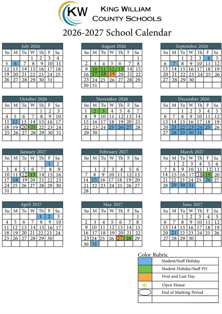 King William County Schools 26-27 Calendar